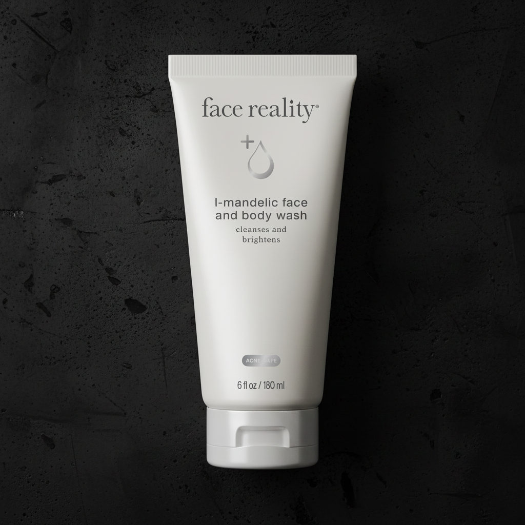 Tube of face reality I-mandelic face and body wash on a light background