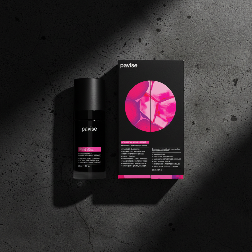 Pavise skincare bottle and packaging bioadaptive stress repair night serum