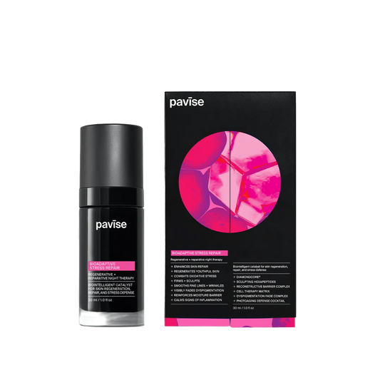 Pavise skincare bottle and packaging bioadaptive stress repair night serum
