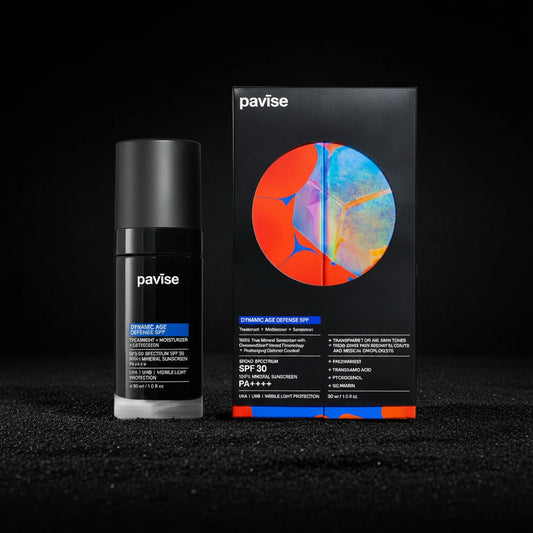 Pavise skincare product  dynamic age defense spf with packaging on a light gray background