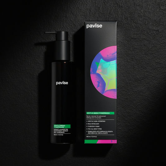 Pavise gentle amino powerwash bottle and packaging on a light gray background